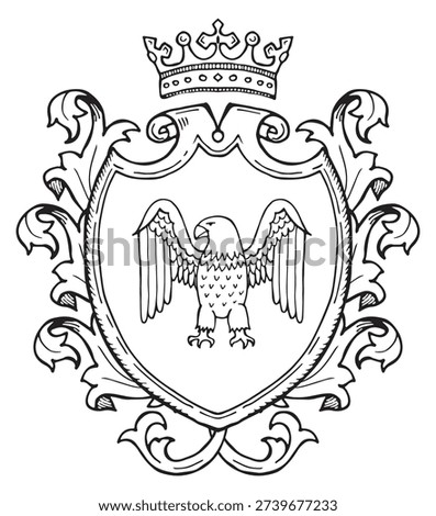 Royal baroque emblem with ornate crown bird insignia