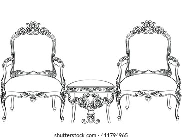 Royal Baroque Vector Classic chair furniture set with Luxury Acanthus ornaments. Vector sketch furniture