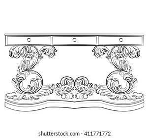 Royal Baroque Vector Classic table furniture with drawers, Ornate pedestal base and Luxury Acanthus ornaments. Vector sketch furniture