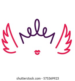 Royal beautiful angel silhouette with red wings, big lips and curly crown. Simple isolated vector illustration in thin lines.