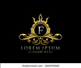 Royal Beauty Logo With F Letter. Luxury Gold Floral Badge With Beauty Woman Face Shape perfect for salon, spa, cosmetic, Boutique, Jewelry.