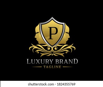 Royal Beauty Logo With P Letter. Elegant Gold Shield badge With Beauty Face Shape perfect for salon, spa, cosmetic, Boutique, Jewelry.