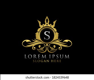 Royal Beauty Logo With S Letter. Luxury Gold Floral Badge With Beauty Woman Face Shape perfect for salon, spa, cosmetic, Boutique, Jewelry.