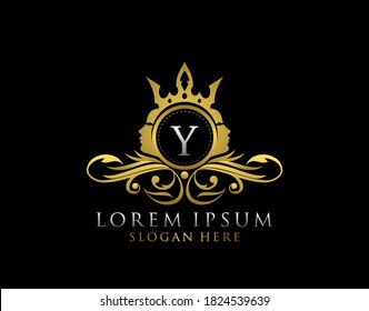 Royal Beauty Logo With Y Letter. Luxury Gold Floral Badge With Beauty Woman Face Shape perfect for salon, spa, cosmetic, Boutique, Jewelry.