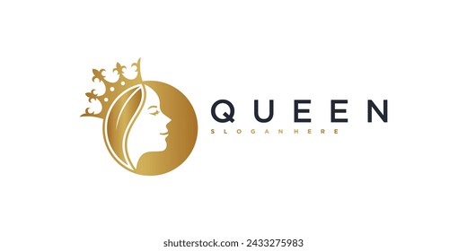 Royal beauty queen woman face and crown logo design. Premium Vector