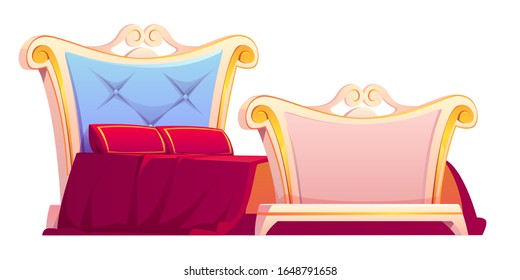 Cama real con manta roja y almohadas. Dibujo vectorial de muebles antiguos de dormitorio, lugar vintage dorado para la lujosa casa o interior de hotel aislado en fondo blanco