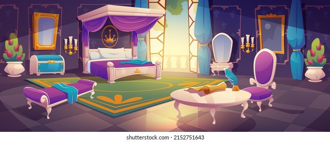 Royal bedroom interior, king or queen luxury room in palace with purple furniture in classical empire style. Bed with canopy, table with documents and chest, fairy tale Cartoon vector illustration