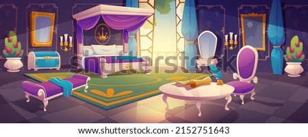 Royal bedroom interior, king or queen luxury room in palace with purple furniture in classical empire style. Bed with canopy, table with documents and chest, fairy tale Cartoon vector illustration