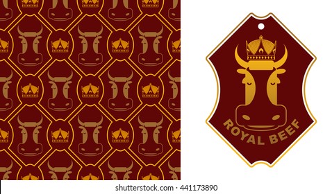 Royal Beef logo. Cow in crown. Excellent quality meat. Emblem for farming and flesh production. Farm animals and diadem pattern