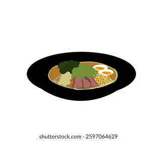 Royal Beef Ramen is a Japanese specialty of a bowl of noodles with meat and vegetables on top.