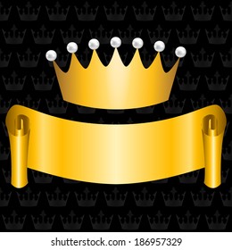 Royal black background with golden ribbon and crown 