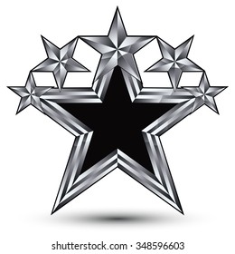 Royal black star with silver outline, geometric five stylized silver stars, best for use in web and graphic design, 3d luxury vector icon isolated on white background. Symbolic escutcheon

