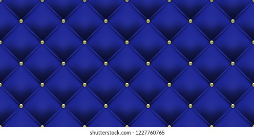 Royal blue background with gold buttons pattern. Vector leather or velvet vintage luxury upholstery with golden buttons seamless pattern background