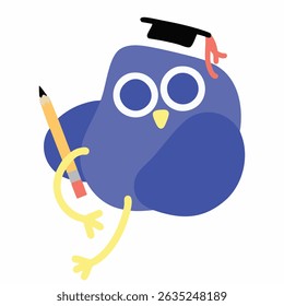 Royal blue cartoon bird wearing academic graduation cap and holding large pencil. Black trencher hat with red tassels. Silly cute mascot character for graduating class. Vector illustration, EPS 10.