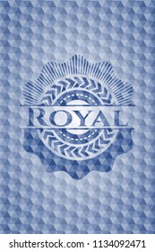 Royal blue emblem with geometric pattern background.