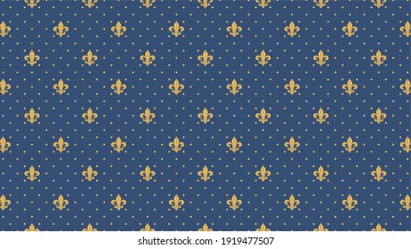 Royal blue fleur de lis with dots pattern vector. Luxury seamless pattern background. Interior royal room decoration. Parisian wallpaper decoration.