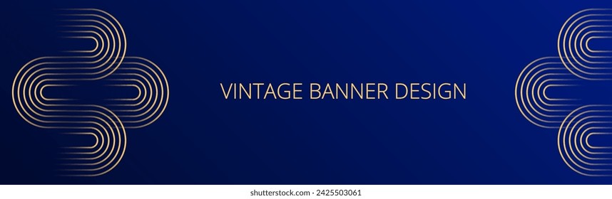 Royal blue gradient banner. Abstract background with gold wavy lines design. Vintage geometric pattern. Web banner template. Blended lines	