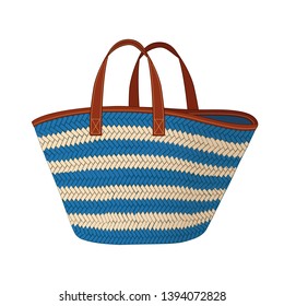 royal blue and khaki stripes straw bag, shopping tote bag, colorful summer beach bag, vector illustration sketch template isolated on white background