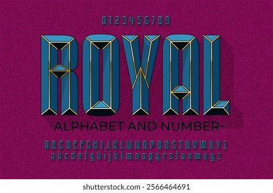 Royal blue luxurious alphabet with gold inserts. Font in the color of expensive Victorian velvet inlaid with gold lines. Set with numbers, upper and lower case letters.