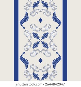 Royal Blue Luxury Motif Hand Drawn Ceramic Design Oriental Heavenly Wings Feather Inspired Seamless Border Lace Pattern. Elegant Monotone Fleur de lis Baroque Style for Tiles Mosaic Fabrics Textiles 