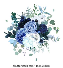 Royal blue, navy garden rose, white hydrangea flowers, anemone, thistle, eucalyptus, peony, berry vector design wedding bouquet. Eucalyptus, greenery. Floral watercolor style. Isolated and editable