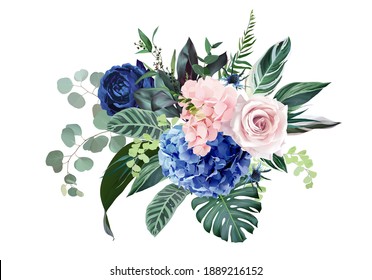 Royal blue, navy garden rose, blush pink hydrangea flowers, thistle, ranunculus, eucalyptus, greenery, tropical leaves, monstera vector design bouquet. Exotic wedding flowers. Isolated and editable