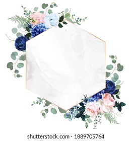 Royal Blue, Navy Garden Rose, Blush Pink Hydrangea Flowers, Anemone, Thistle, Eucalyptus, Vector Design Marble Frame. Textured Card. Eucalyptus, Greenery. Floral Geometric Style. Isolated And Editable