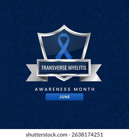Royal blue ribbon and Pattern based background awareness graphic for International Transverse myelitis Awareness Month.