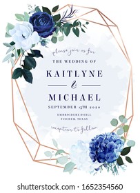 Royal blue rose,  white hydrangea, anemone, eucalyptus, juniper vector design frame.Stylish pink gold geometry. Watercolor style.Wedding seasonal flower card. Floral composition. Isolated and editable