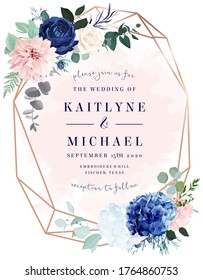 Royal Blue Rose, White Hydrangea, Dahlia, Eucalyptus, Juniper Vector Design Frame.Stylish Pink Gold Geometry. Watercolor Style.Wedding Seasonal Flower Card. Floral Composition. Isolated And Editable