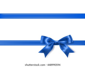 Royal Blue Silky Bow And Ribbon Border On White Background. Vector