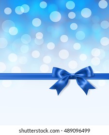 royal blue silky bow and ribbon border on light effects blurry background. vector illustration