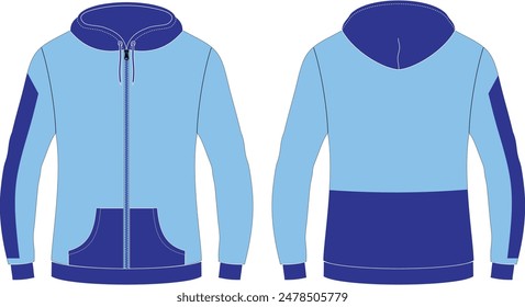 Royal blue and Sky Blue Contrast Panel Hoodie Flat Sketch Mockup