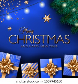 Royal blue square social media post or banner vector template with gold Merry Christmas and Happy New Year lettering. Christmas tree branch, stars and Christmas lights illumination.