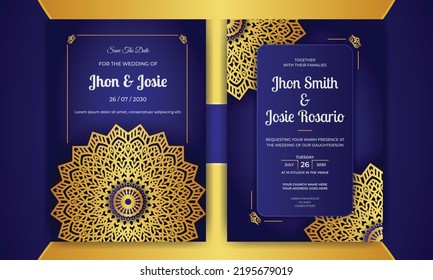 Royal Blue Wedding Invitation Card Design With Golden Mandala And Abstract Pattern, Wedding Floral Design