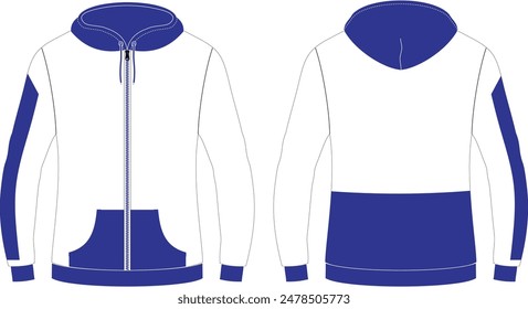 Royal blue and white Contrast Panel Hoodie Flat Sketch Mockup