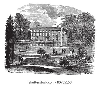 The Royal Botanic Garden and a view of Museum No. 1 vintage engraving. Illustration of The Royal Botanic Garden - Unesco historic site. and a view of Museum No. 1, 1800s.   Trousset encyclopedia