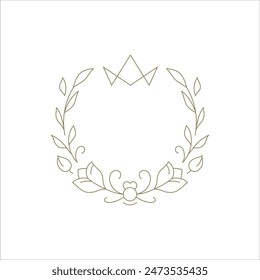 Royal botanical wreath circle frame with crown line art decor element for logo vector illustration. Premium flourish luxury round border flower chaplet contoured simple decor for insignia emblem