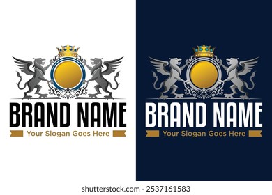 Insignias heráldicas de grifo de la marca real en escudos adornados y diseño de logotipo de ilustración de corona