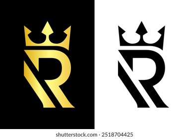 Design de logotipo de marca real, Logotipo inicial R com ícone de coroa, R Tipografia Ilustração de vetor, Arte de vetor de coroa dourada