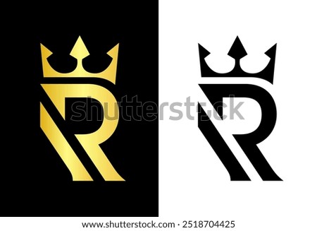 Royal Brand Logo Design, Initial Logo R with Crown Icon, R Typography Vector Illustration, Golden Crown Vector Art