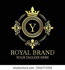 Royal brand luxury logo design with golden letter Y and decorative crown for premium businesses  
