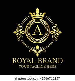 Royal brand luxury logo design with golden letter A and decorative crown for premium businesses  

