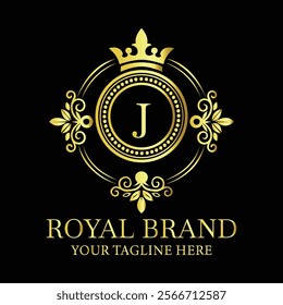 Royal brand luxury logo design with golden letter J and decorative crown for premium businesses  
