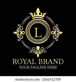 Royal brand luxury logo design with golden letter L and decorative crown for premium businesses  
