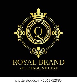 Royal brand luxury logo design with golden letter Q and decorative crown for premium businesses  
