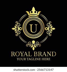 Royal brand luxury logo design with golden letter U and decorative crown for premium businesses  
