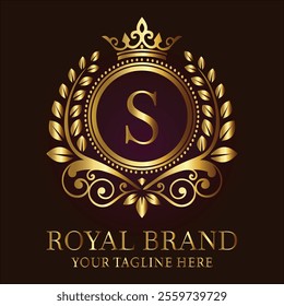 Royal brand luxury logo with golden crown laurel wreath and elegant letter S design  
