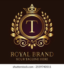 Royal brand luxury logo with golden crown laurel wreath and elegant letter T design  

