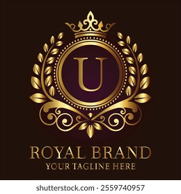 Royal brand luxury logo with golden crown laurel wreath and elegant letter U design  
